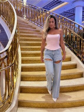 NEW Torn Ronny Kobo Cut Out Jeans Rhinestone Ankle 29 EUR /8 USA
🚨NO DISCOUNT